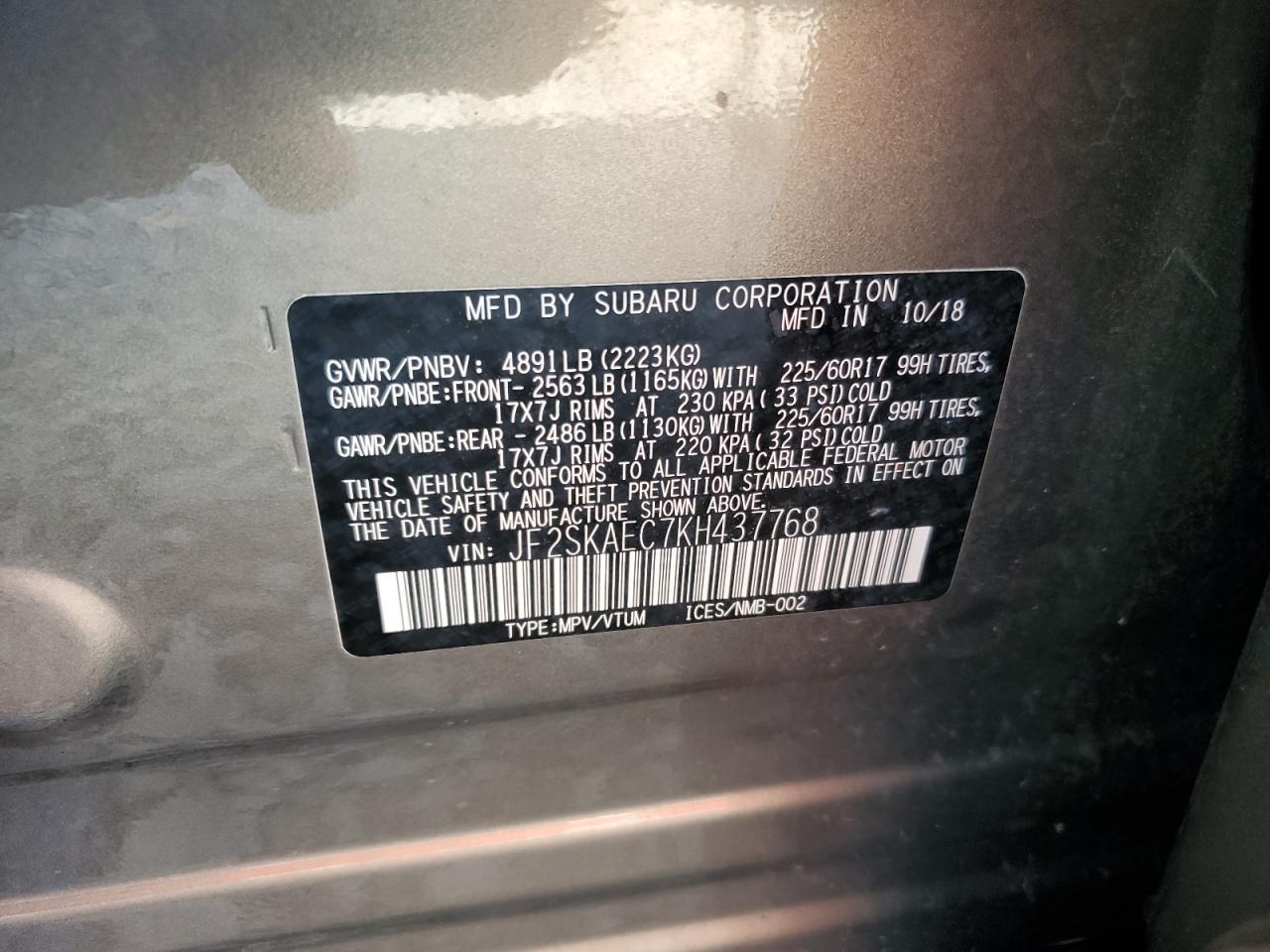 2019 Subaru Forester Premium VIN: JF2SKAEC7KH437768 Lot: 84794595