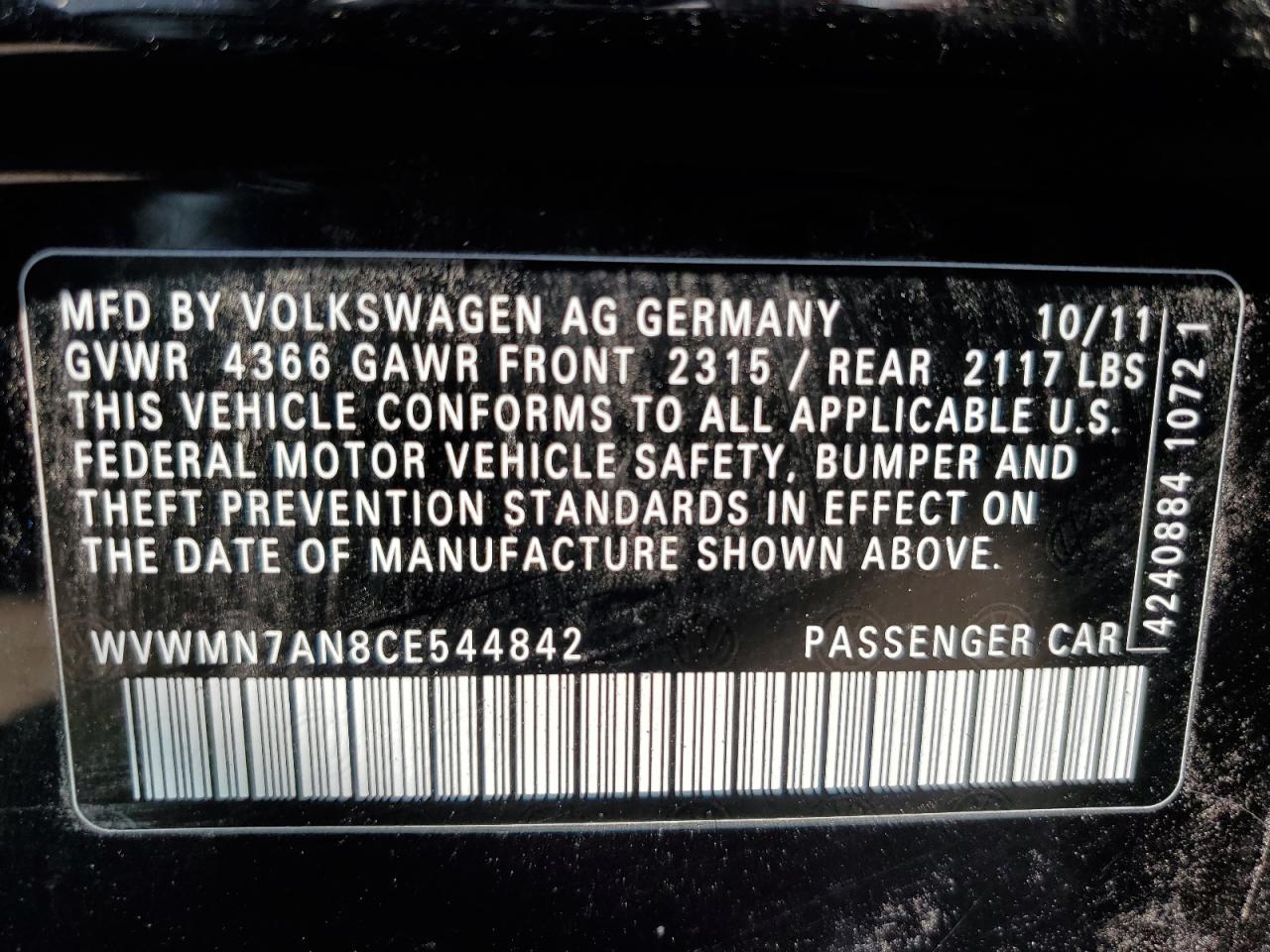 2012 Volkswagen Cc Sport VIN: WVWMN7AN8CE544842 Lot: 90085405