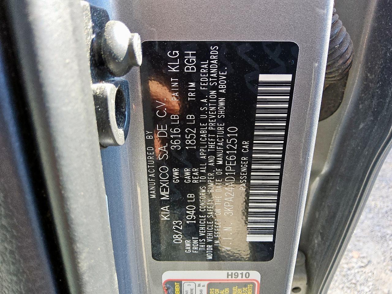 2023 Kia Rio Lx VIN: 3KPA24AD1PE612510 Lot: 85889885