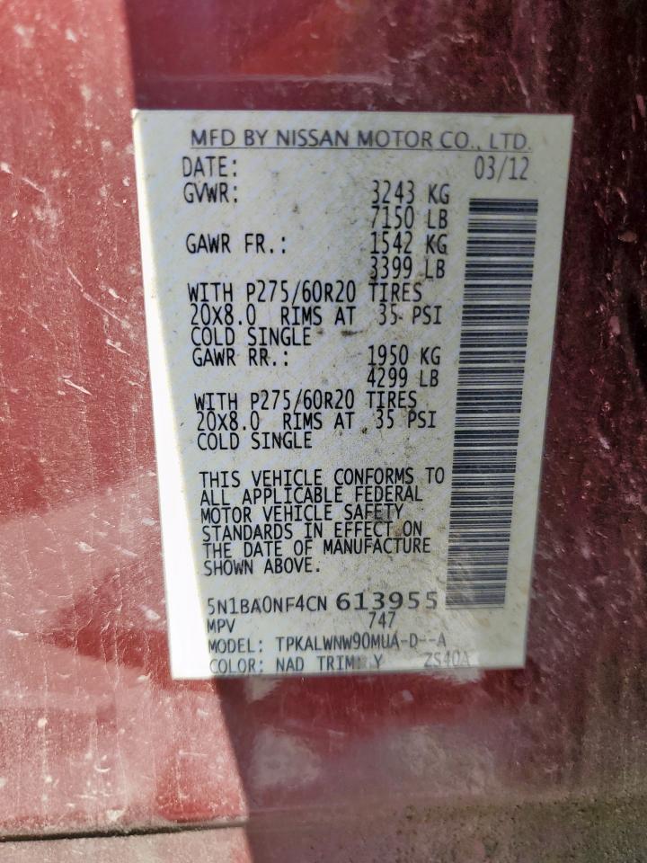 2012 Nissan Armada Sv VIN: 5N1BA0NF4CN613955 Lot: 85880885