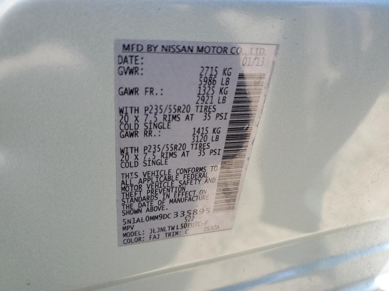 2013 Infiniti Jx35 VIN: 5N1AL0MM9DC335895 Lot: 82386205