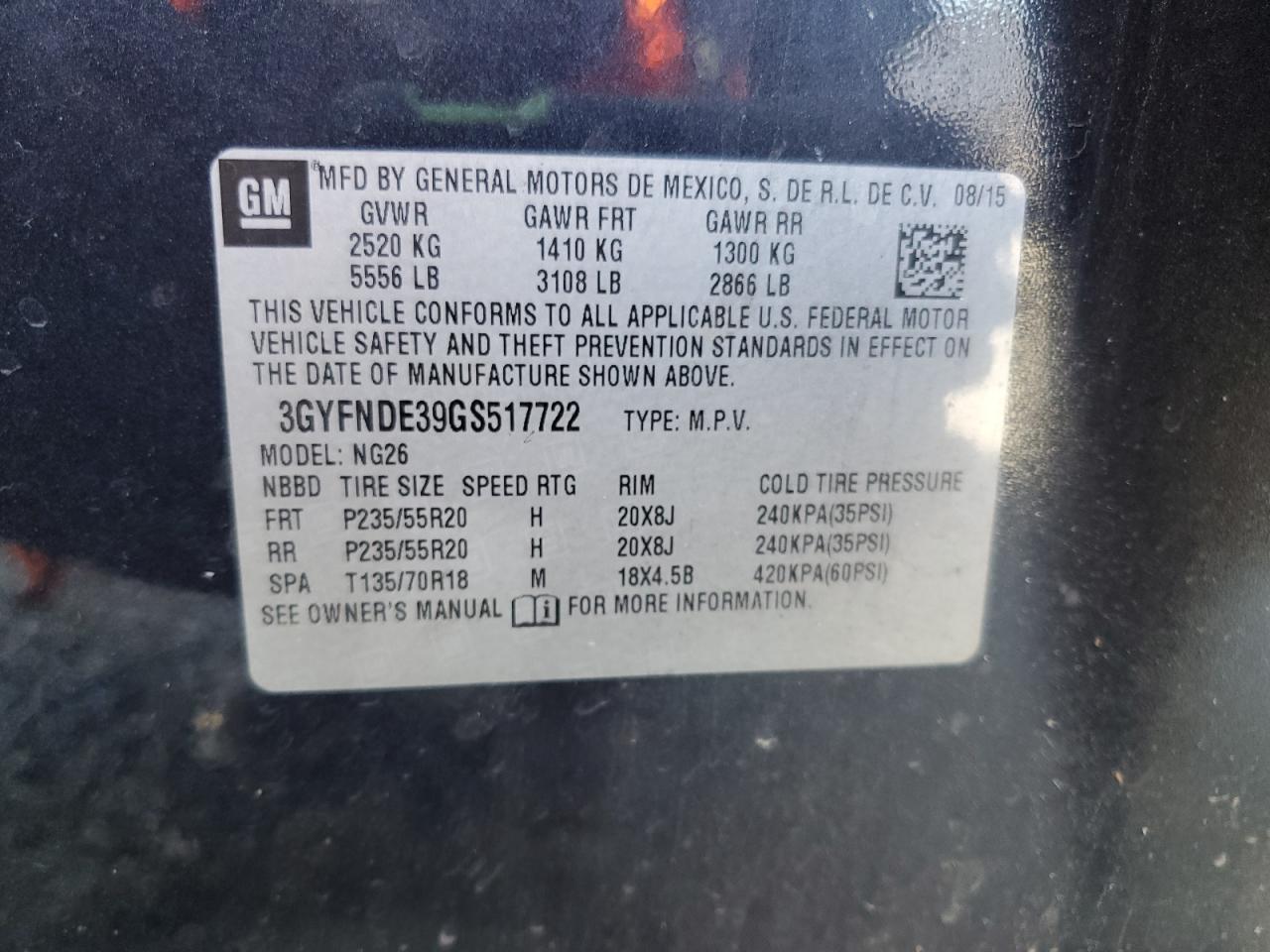 2016 Cadillac Srx Premium Collection VIN: 3GYFNDE39GS517722 Lot: 85110165