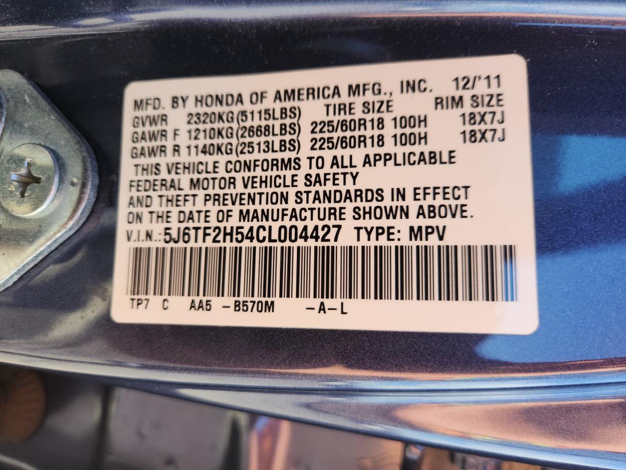 2012 Honda Crosstour Exl VIN: 5J6TF2H54CL004427 Lot: 82677355