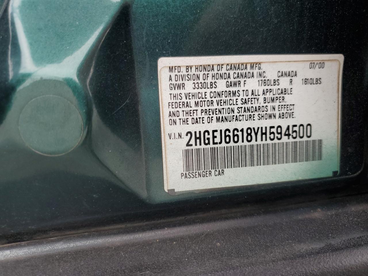2000 Honda Civic Base VIN: 2HGEJ6618YH594500 Lot: 86138835