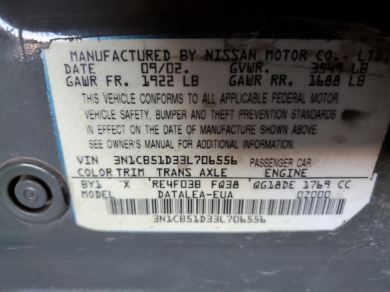 2003 Nissan Sentra Xe VIN: 3N1CB51D33L706556 Lot: 85144025