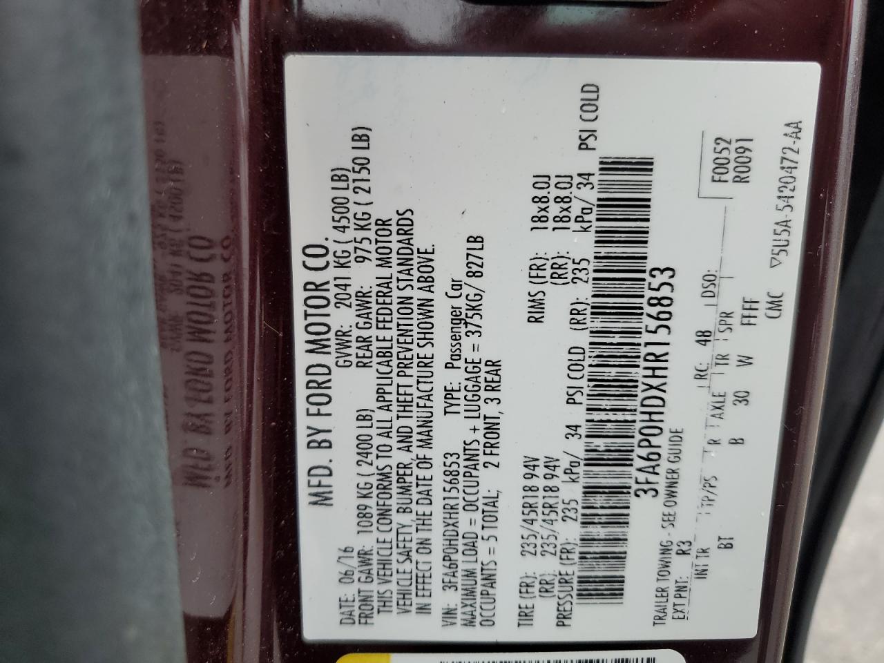 2017 Ford Fusion Se VIN: 3FA6P0HDXHR156853 Lot: 90261855