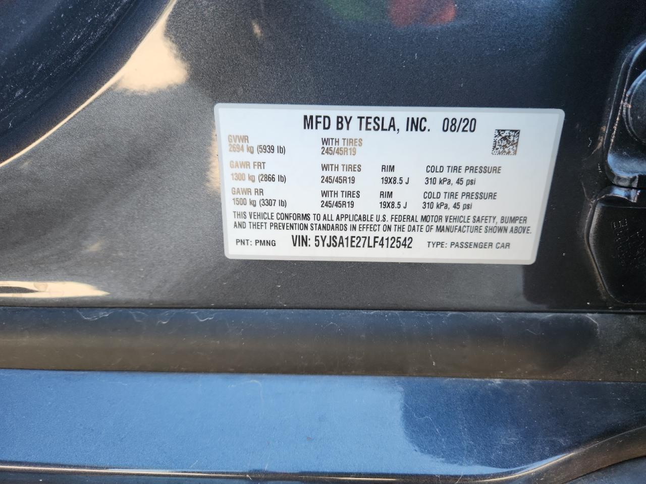 2020 Tesla Model S VIN: 5YJSA1E27LF412542 Lot: 86825525