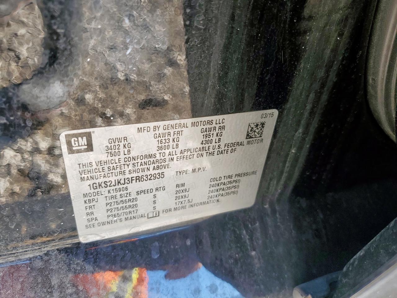 2015 GMC Yukon Xl Denali VIN: 1GKS2JKJ3FR632935 Lot: 90396765