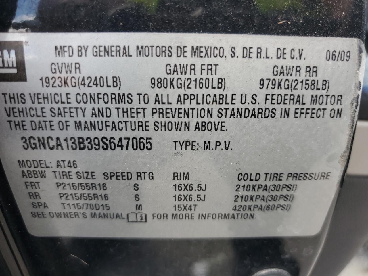 2009 Chevrolet Hhr Ls VIN: 3GNCA13B39S647065 Lot: 86693865