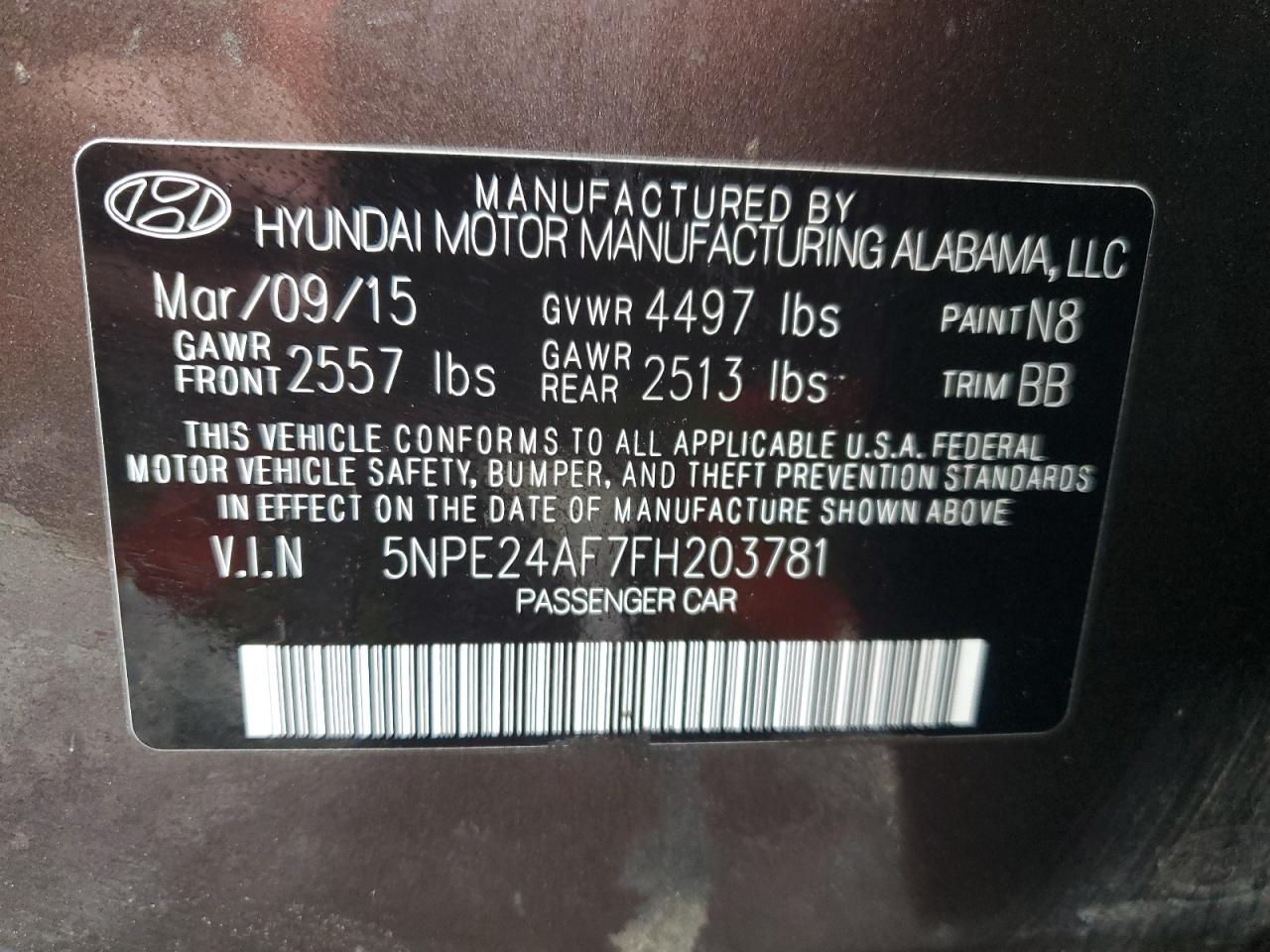2015 Hyundai Sonata Se VIN: 5NPE24AF7FH203781 Lot: 85387735