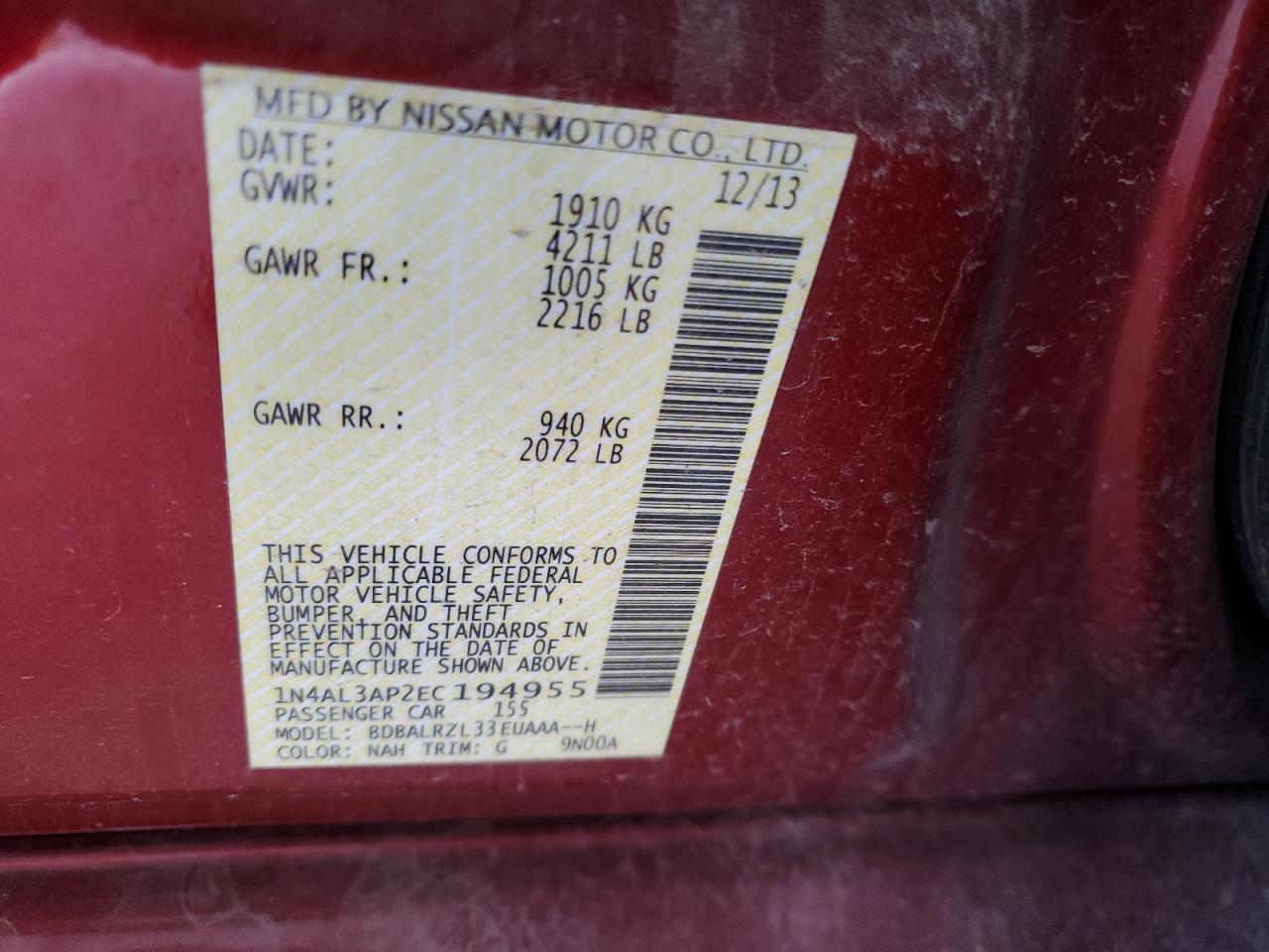 2014 Nissan Altima 2.5 VIN: 1N4AL3AP2EC194955 Lot: 90838165