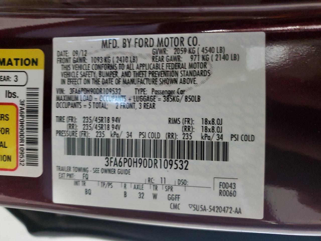 2013 Ford Fusion Se VIN: 3FA6P0H90DR109532 Lot: 81586565