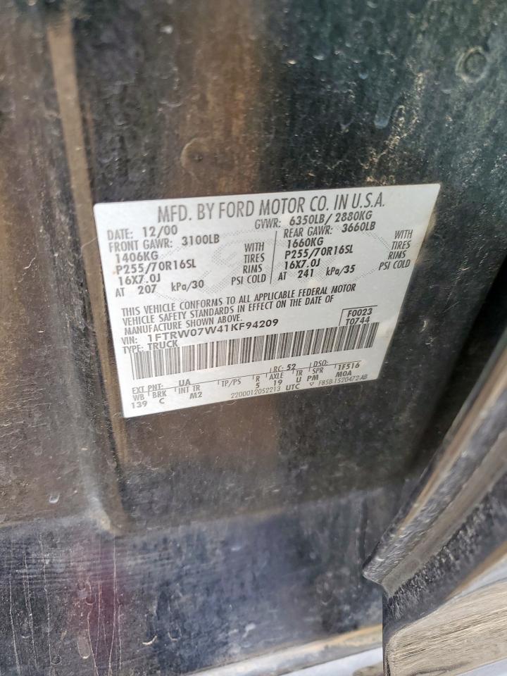 2001 Ford F150 Supercrew VIN: 1FTRW07W41KF94209 Lot: 89721045