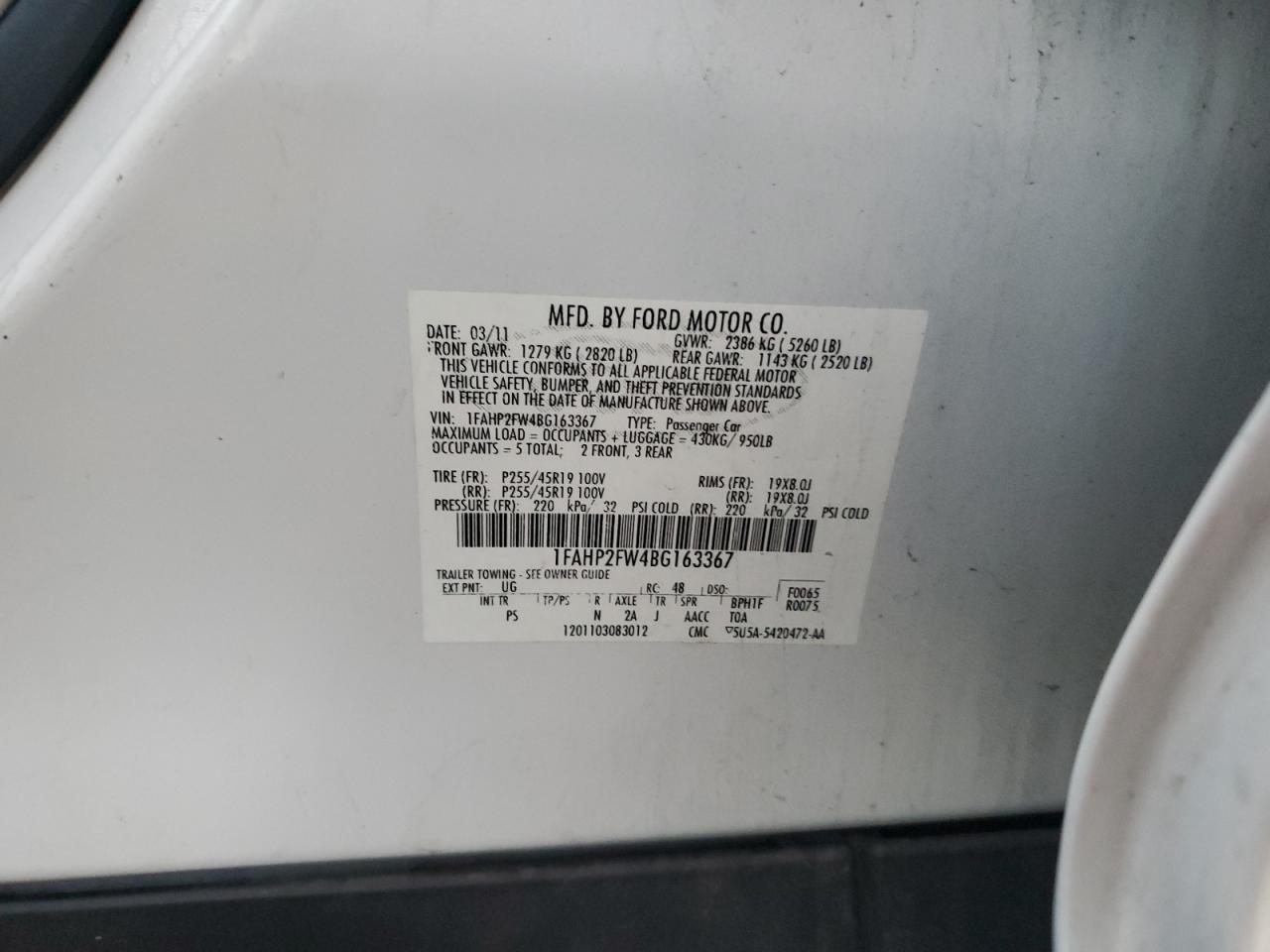 2011 Ford Taurus Limited VIN: 1FAHP2FW4BG163367 Lot: 84481425