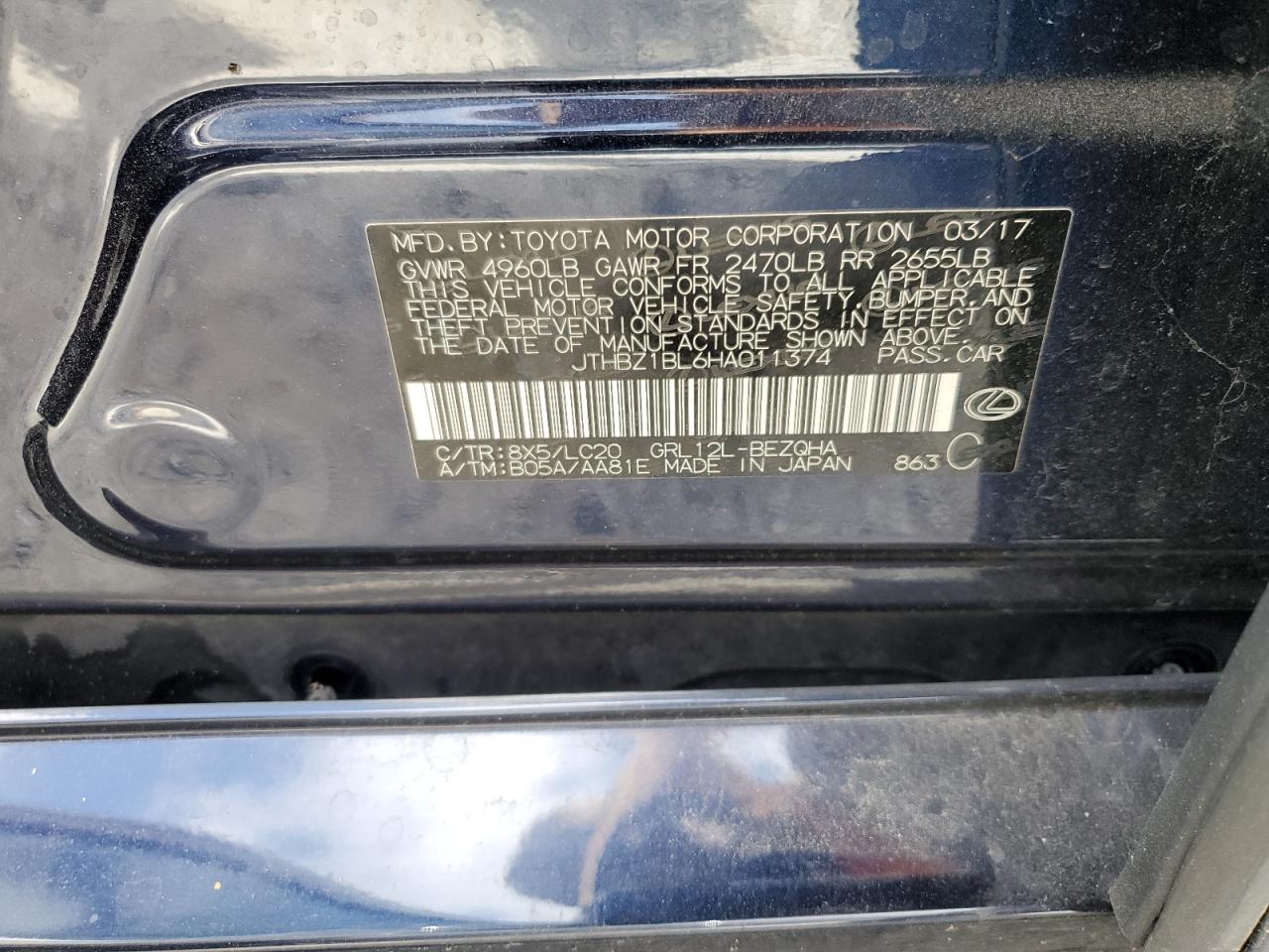 2017 Lexus Gs 350 Base VIN: JTHBZ1BL6HA011374 Lot: 86115055