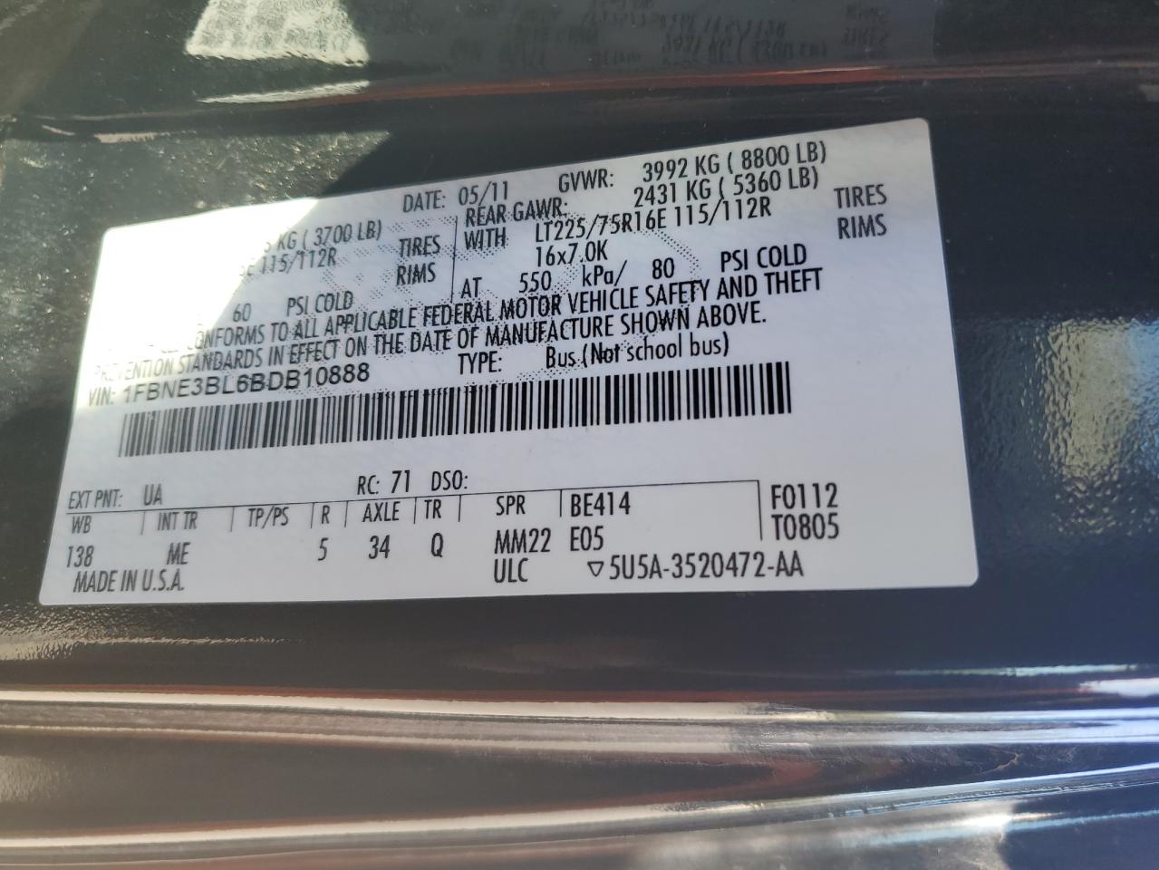 2011 Ford Econoline E350 Super Duty Wagon VIN: 1FBNE3BL6BDB10888 Lot: 85581125