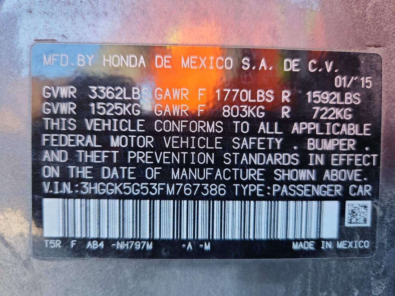 2015 Honda Fit Lx VIN: 3HGGK5G53FM767386 Lot: 84603785