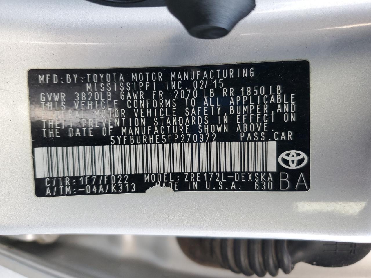 2015 Toyota Corolla L VIN: 5YFBURHE5FP270972 Lot: 86302715