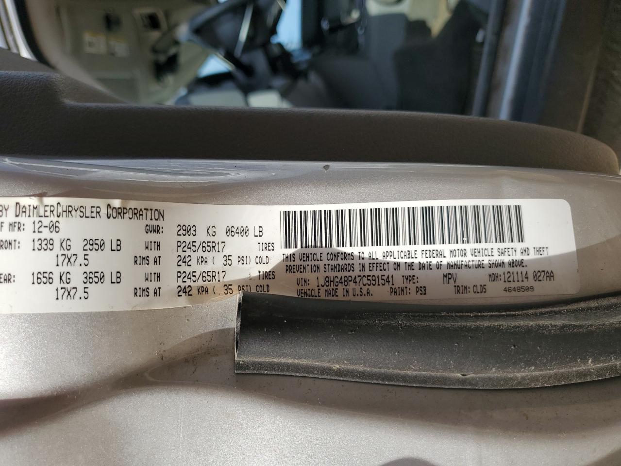 2007 Jeep Commander VIN: 1J8HG48P47C591541 Lot: 84969665