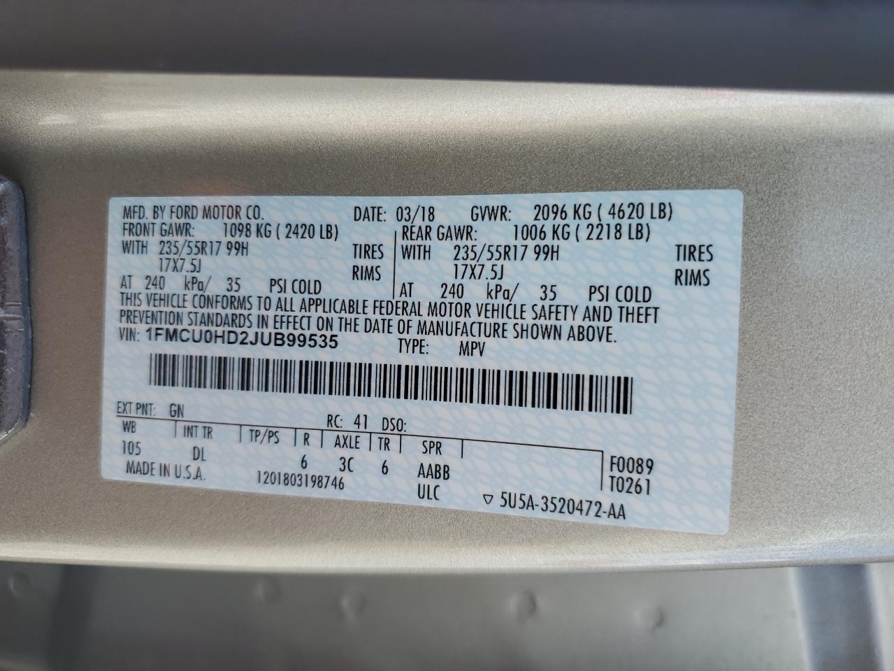 2018 Ford Escape Sel VIN: 1FMCU0HD2JUB99535 Lot: 85595375