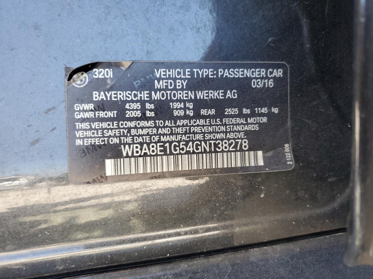 2016 BMW 320 I VIN: WBA8E1G54GNT38278 Lot: 85127665