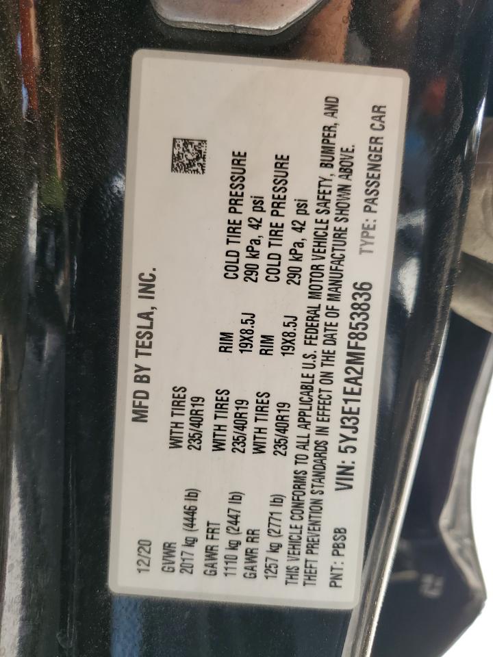 2021 Tesla Model 3 VIN: 5YJ3E1EA2MF853836 Lot: 90062235