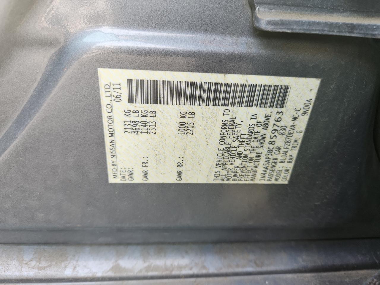 2011 Nissan Maxima S VIN: 1N4AA5AP3BC859763 Lot: 90614525