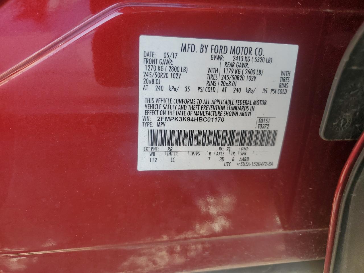 2017 Ford Edge Titanium VIN: 2FMPK3K94HBC01170 Lot: 85866015