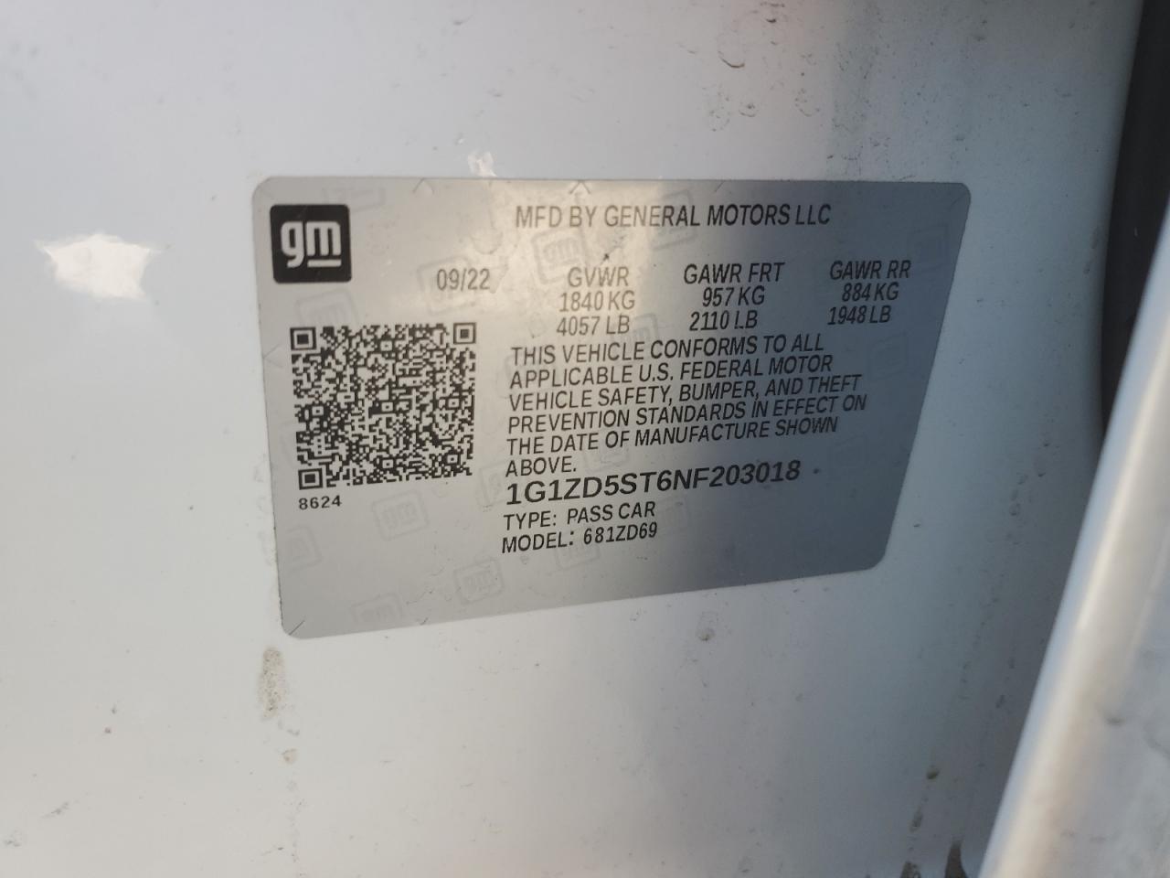 2022 Chevrolet Malibu Lt VIN: 1G1ZD5ST6NF203018 Lot: 89637045