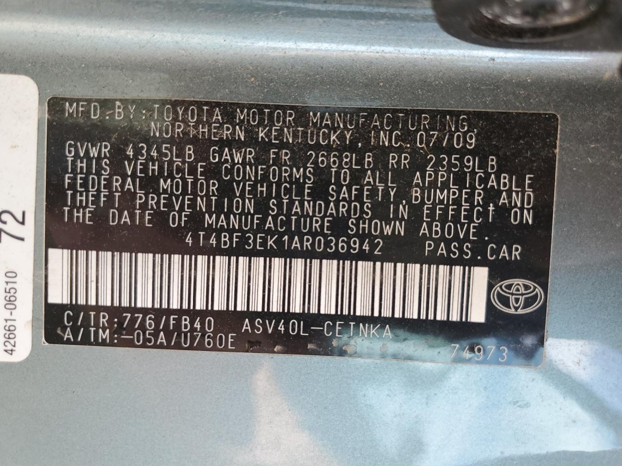 2010 Toyota Camry Base VIN: 4T4BF3EK1AR036942 Lot: 85171895