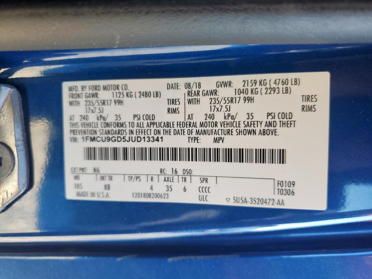 2018 Ford Escape Se VIN: 1FMCU9GD5JUD13341 Lot: 82267455