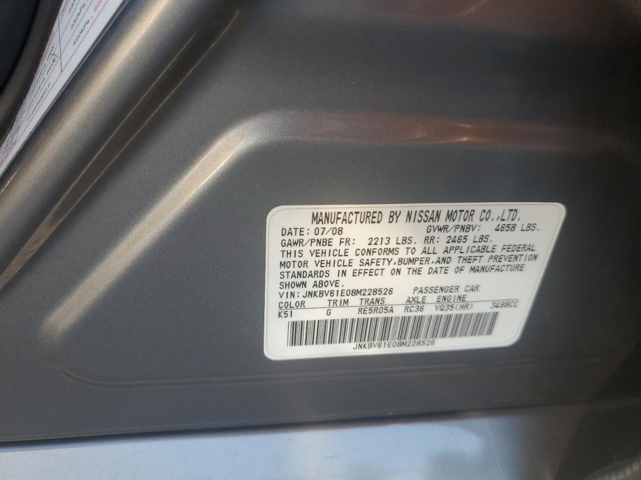 2008 Infiniti G35 VIN: JNKBV61E08M228526 Lot: 90589355