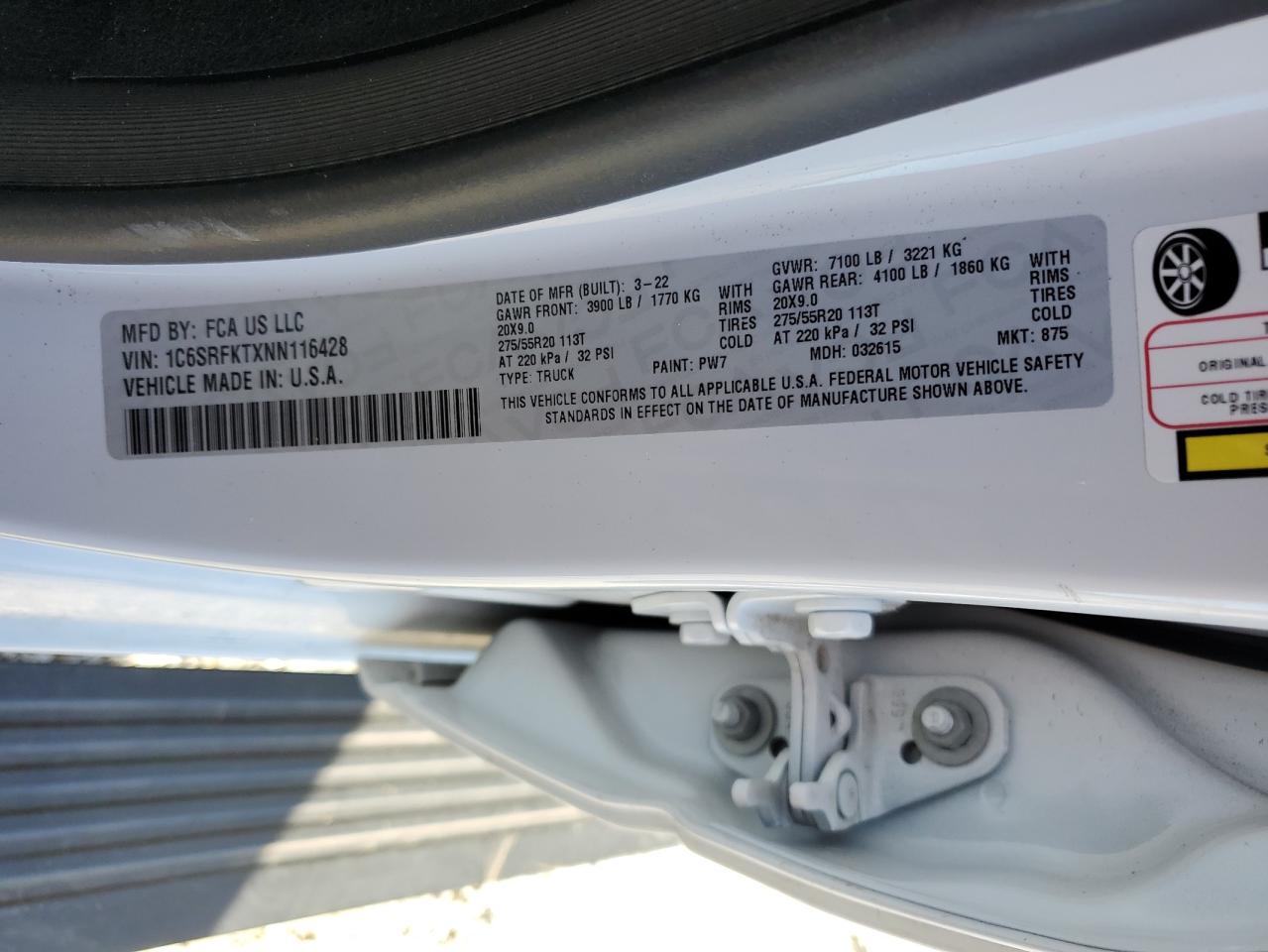 2022 Ram 1500 Longhorn VIN: 1C6SRFKTXNN116428 Lot: 82427915