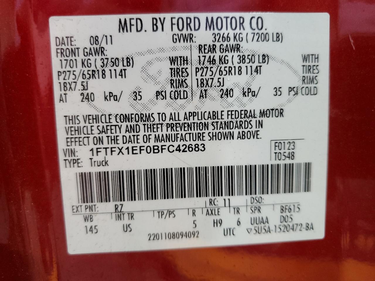 2011 Ford F150 Super Cab VIN: 1FTFX1EF0BFC42683 Lot: 86466855