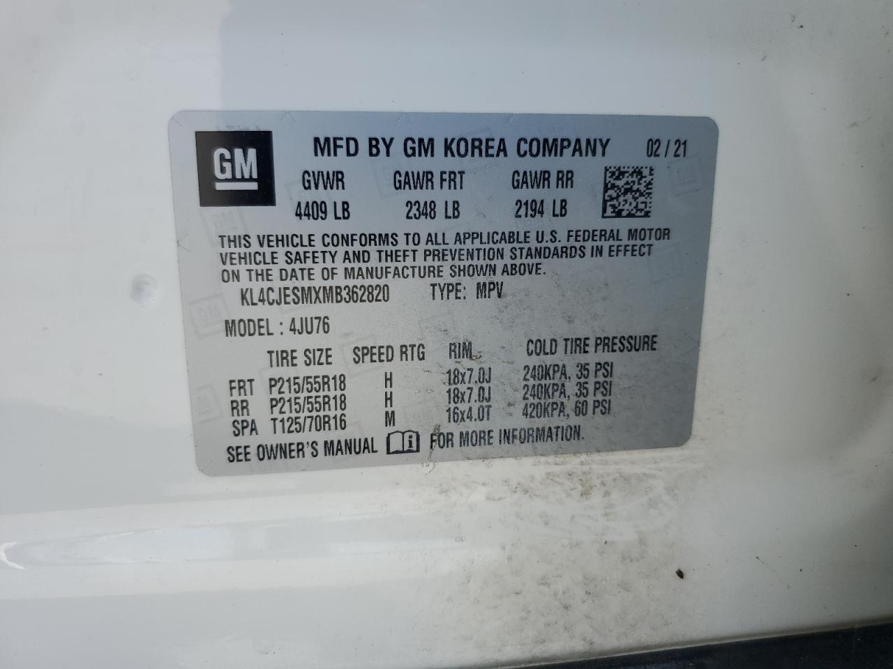 2021 Buick Encore Preferred VIN: KL4CJESMXMB362820 Lot: 86510035