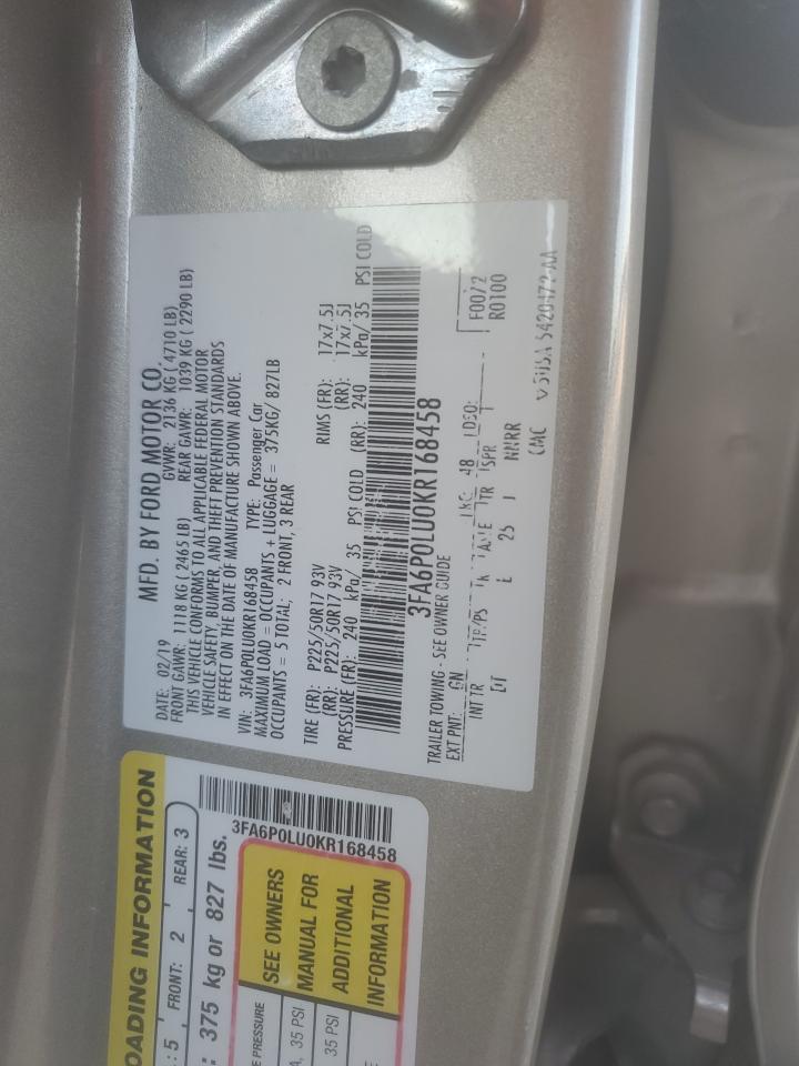 2019 Ford Fusion Se VIN: 3FA6P0LU0KR168458 Lot: 82184505