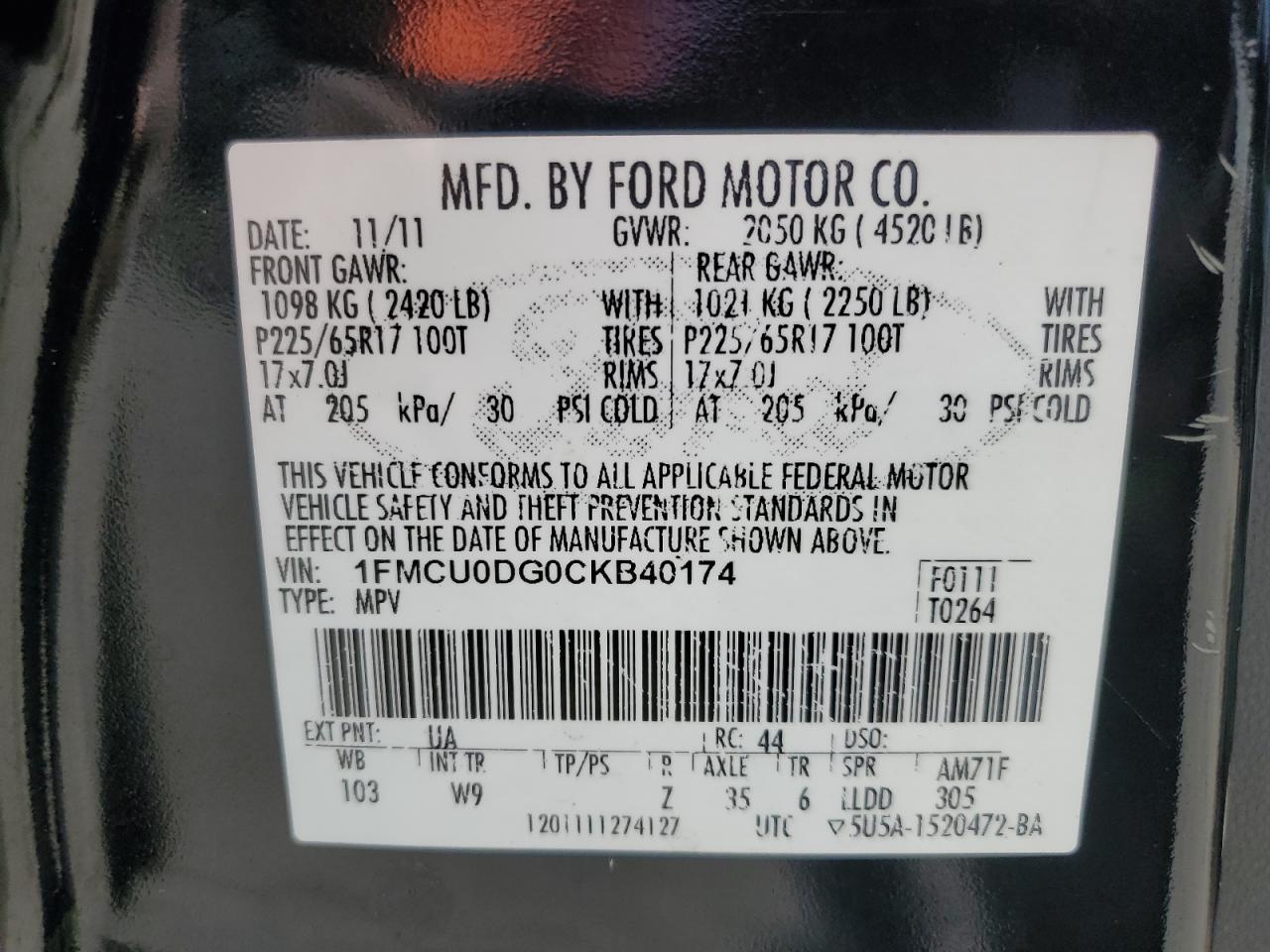 2012 Ford Escape Xlt VIN: 1FMCU0DG0CKB40174 Lot: 85262875