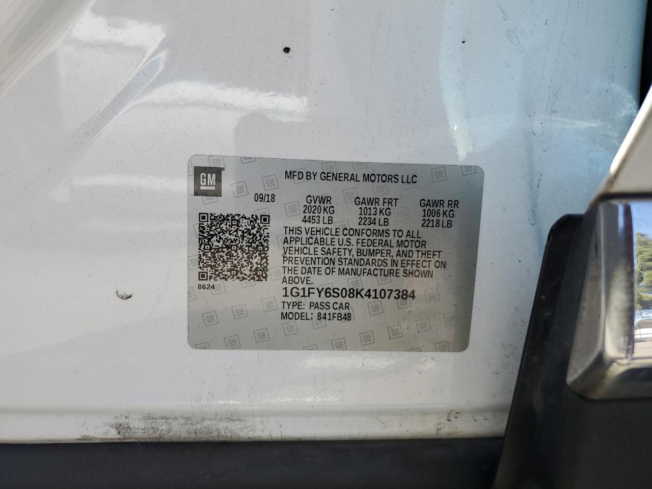 2019 Chevrolet Bolt Ev Lt VIN: 1G1FY6S08K4107384 Lot: 84433345