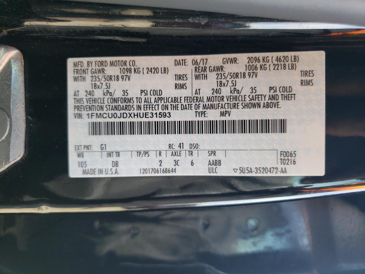 2017 Ford Escape Titanium VIN: 1FMCU0JDXHUE31593 Lot: 81725245