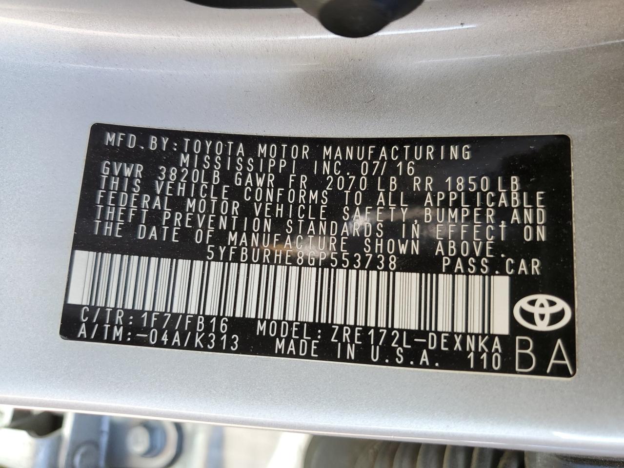 2016 Toyota Corolla L VIN: 5YFBURHE8GP553738 Lot: 84988295