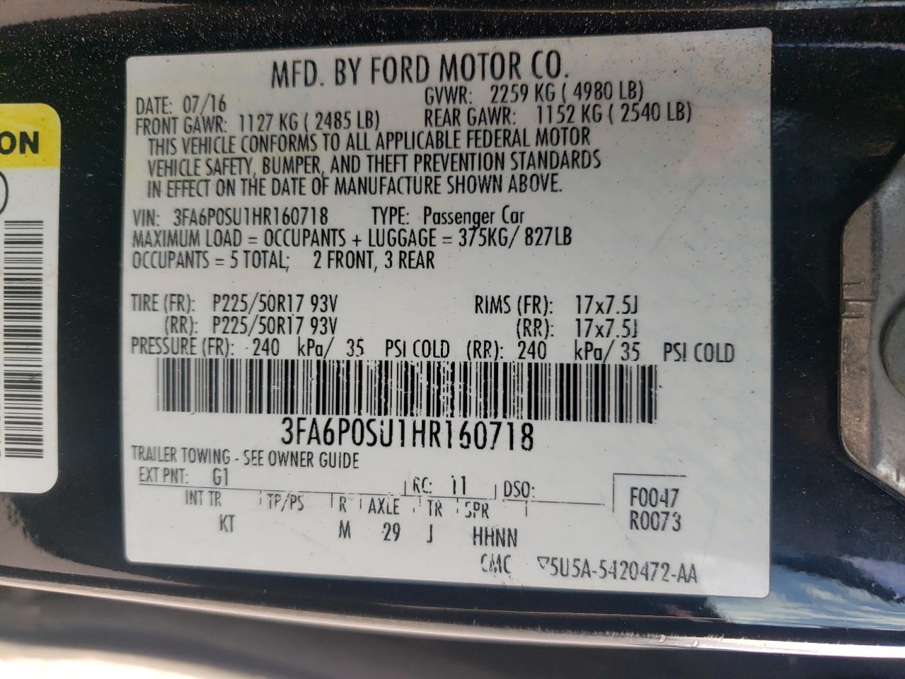 2017 Ford Fusion Titanium Phev VIN: 3FA6P0SU1HR160718 Lot: 84815765