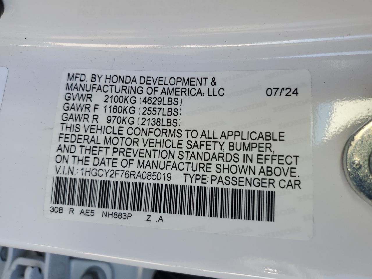 2024 Honda Accord Hybrid Sport-L VIN: 1HGCY2F76RA085019 Lot: 82197155