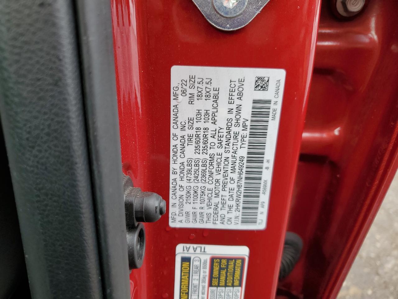 2022 Honda Cr-V Exl VIN: 2HKRW2H87NH649249 Lot: 82683855