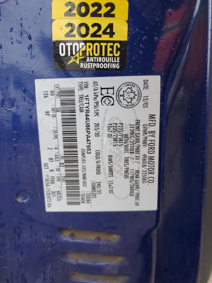 2006 Ford Ranger Super Cab VIN: 1FTYR44U86PA47953 Lot: 89667725