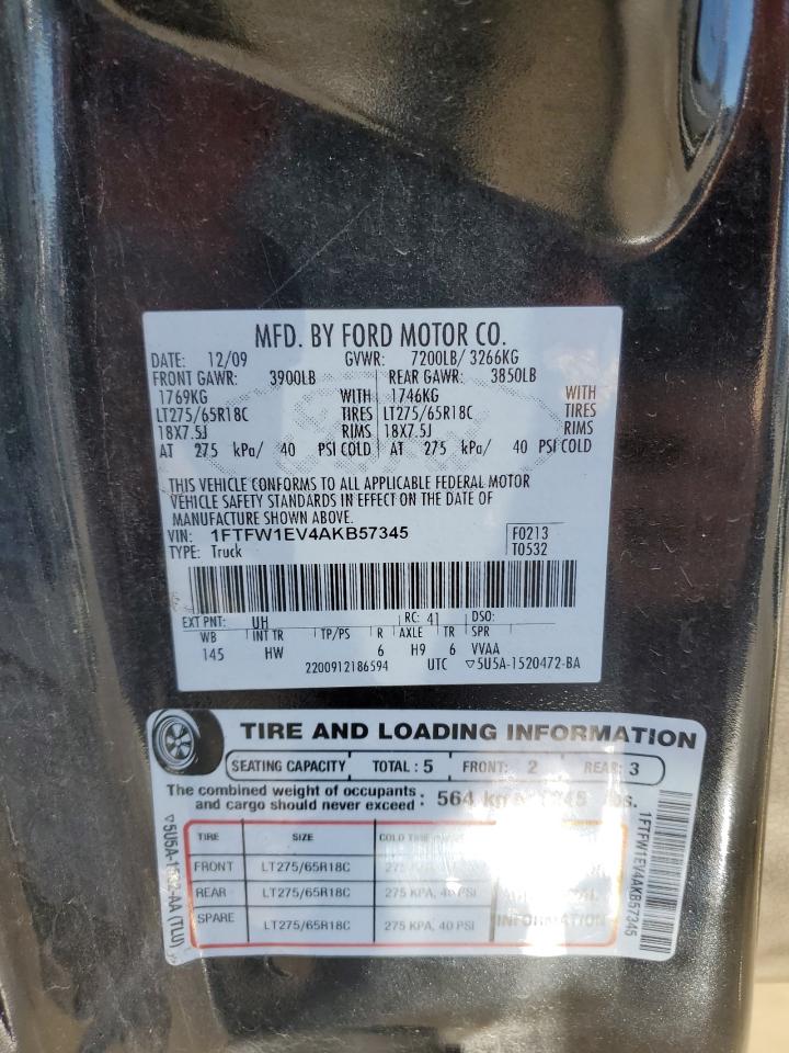 2010 Ford F150 Supercrew VIN: 1FTFW1EV4AKB57345 Lot: 87392985