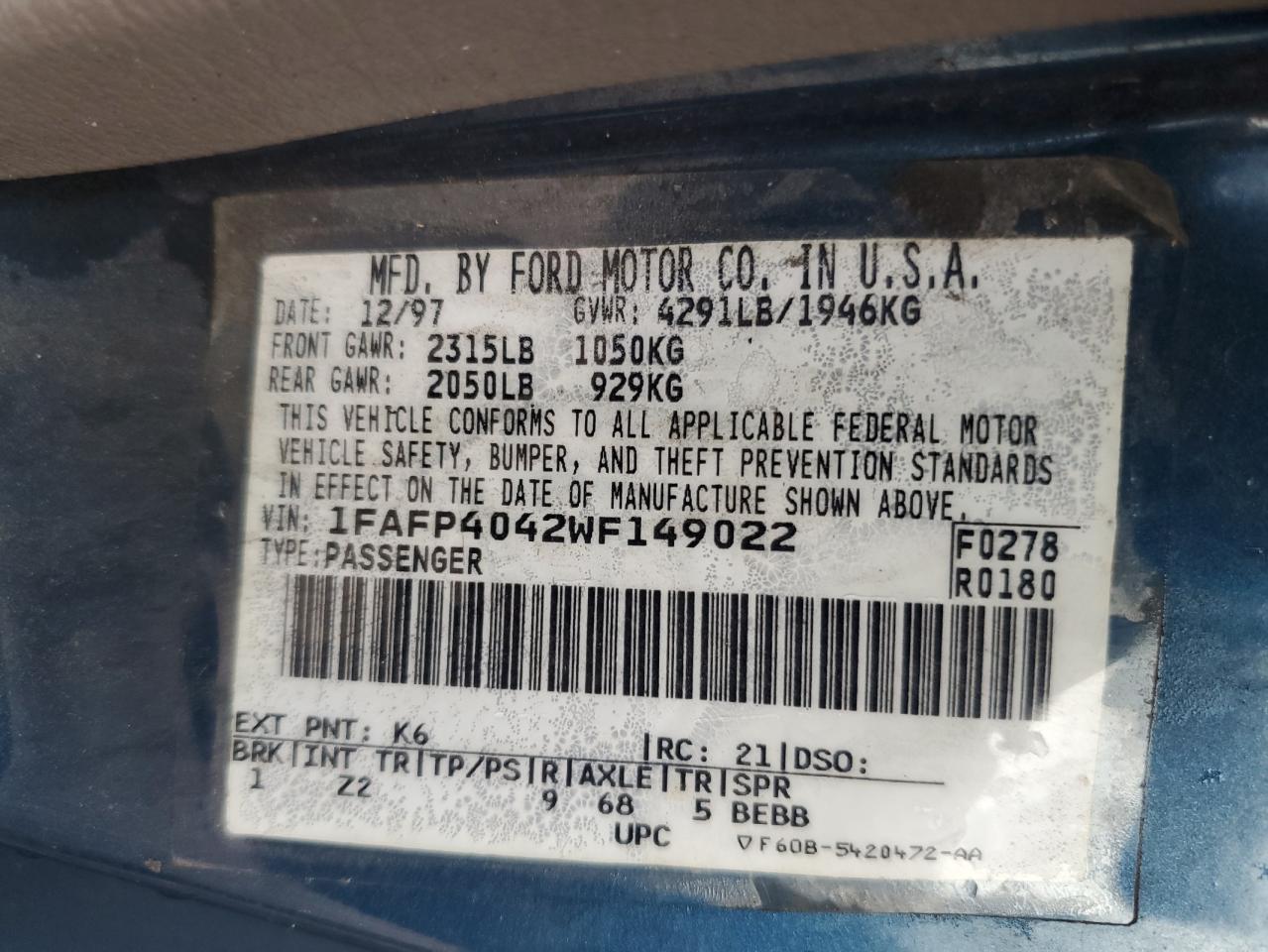 1998 Ford Mustang VIN: 1FAFP4042WF149022 Lot: 82304375