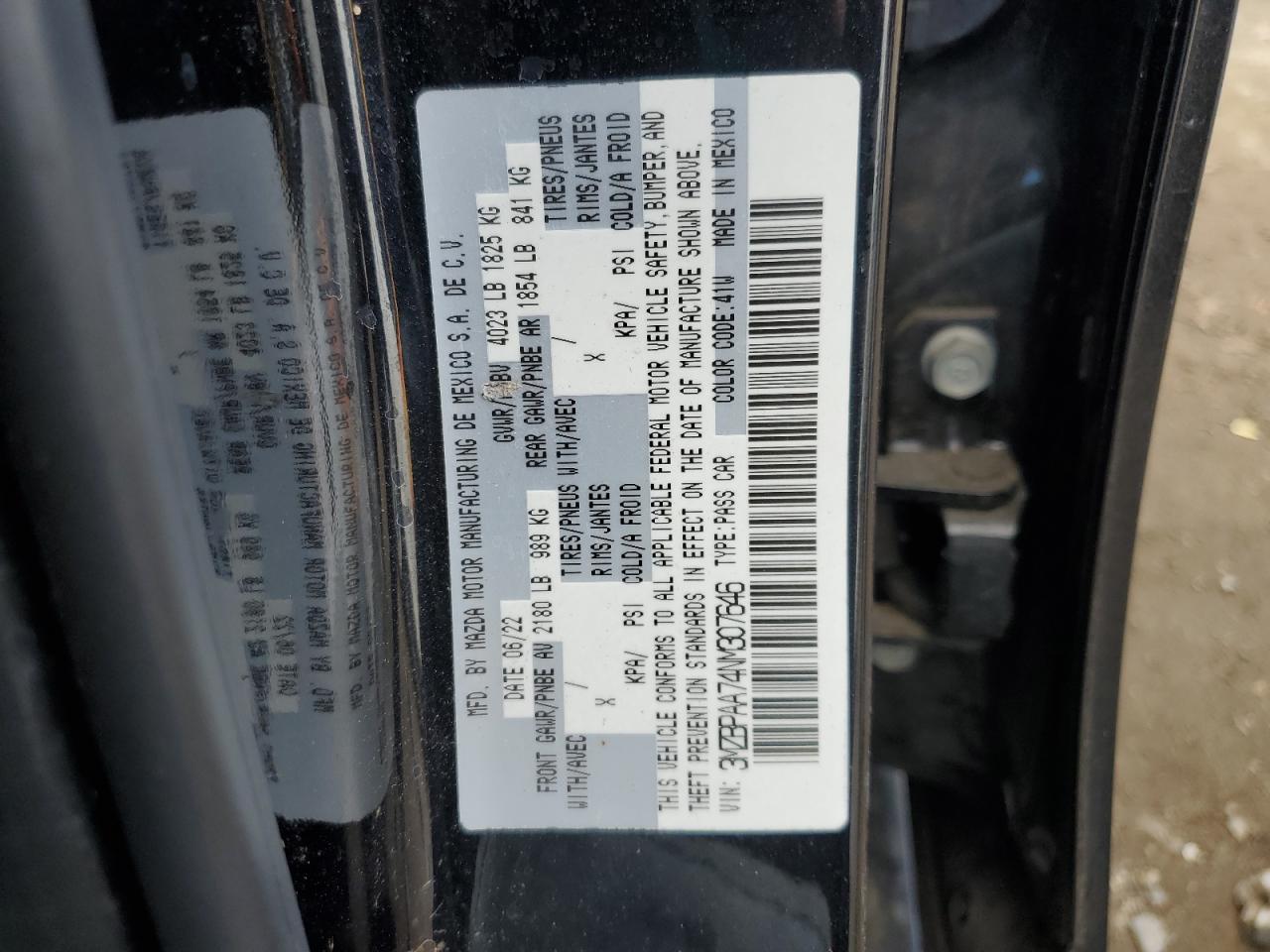 2022 Mazda 3 VIN: 3MZBPAA74NM307646 Lot: 86630345