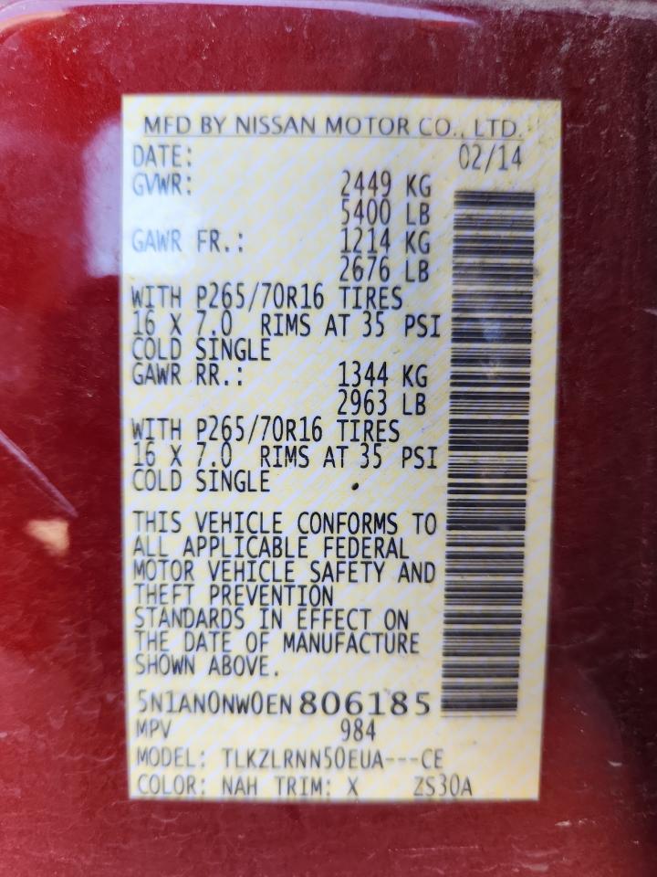 2014 Nissan Xterra X VIN: 5N1AN0NW0EN806185 Lot: 82236865