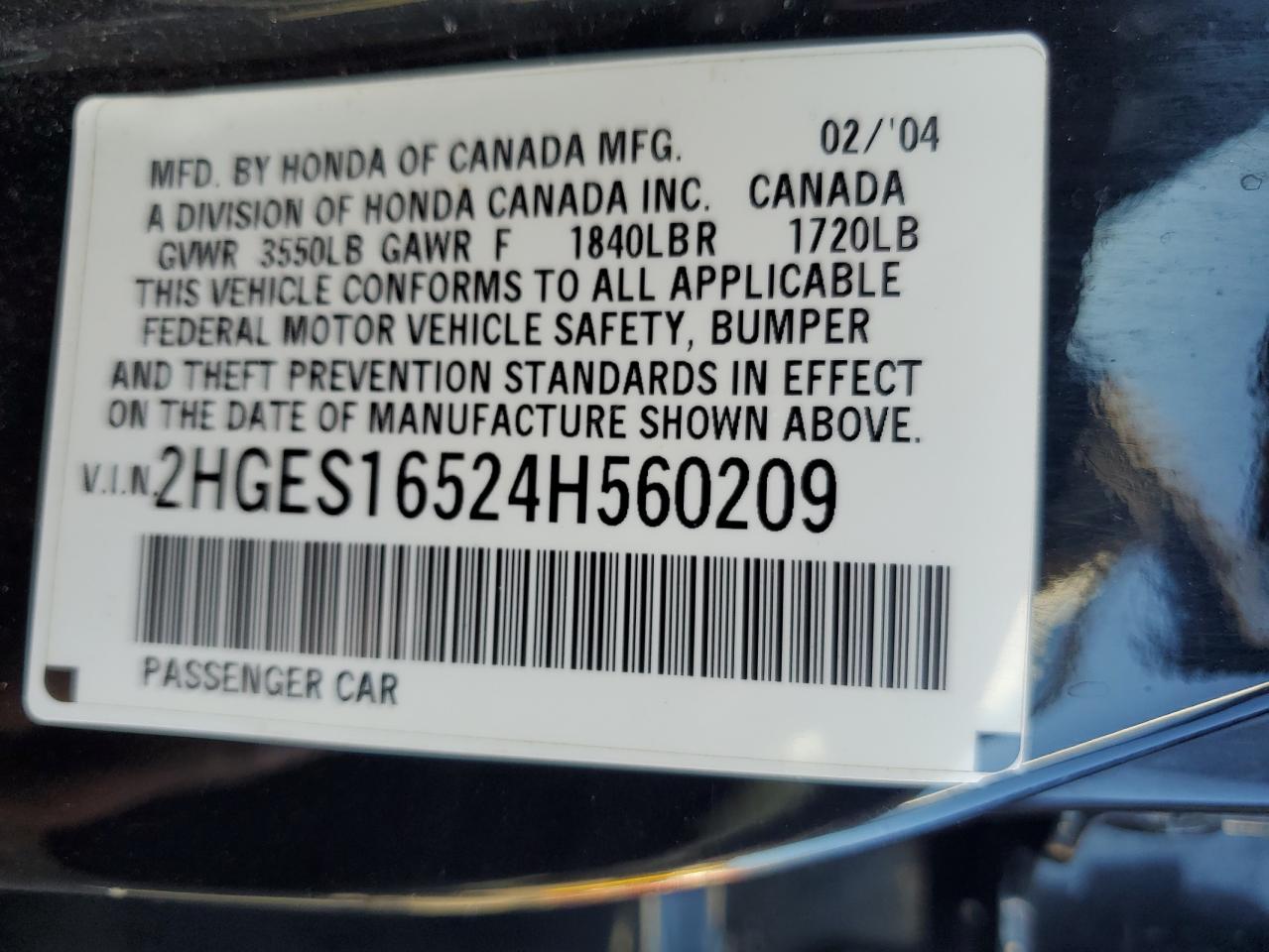 2004 Honda Civic Lx VIN: 2HGES16524H560209 Lot: 84958105