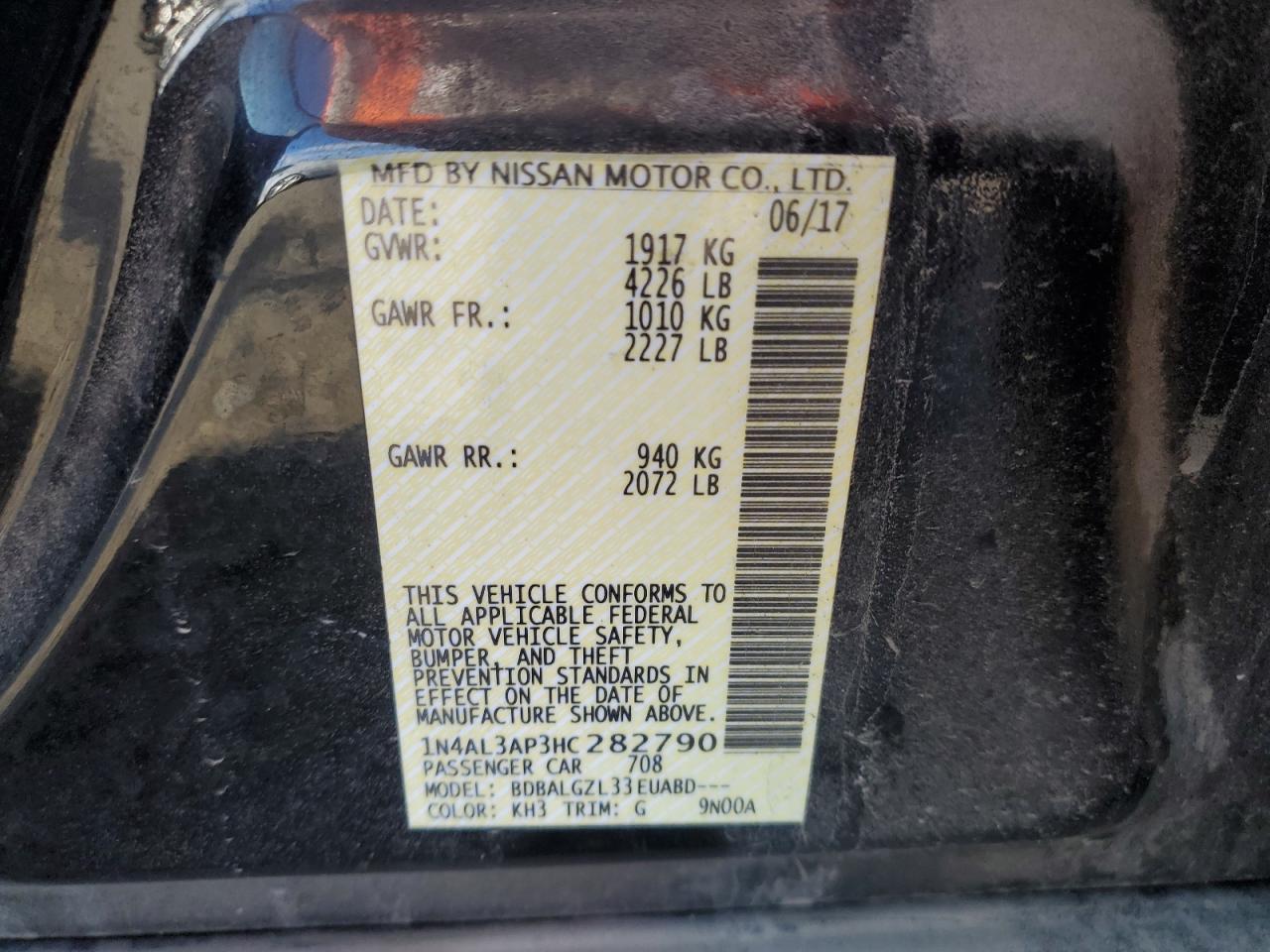 2017 Nissan Altima 2.5 VIN: 1N4AL3AP3HC282790 Lot: 82347285